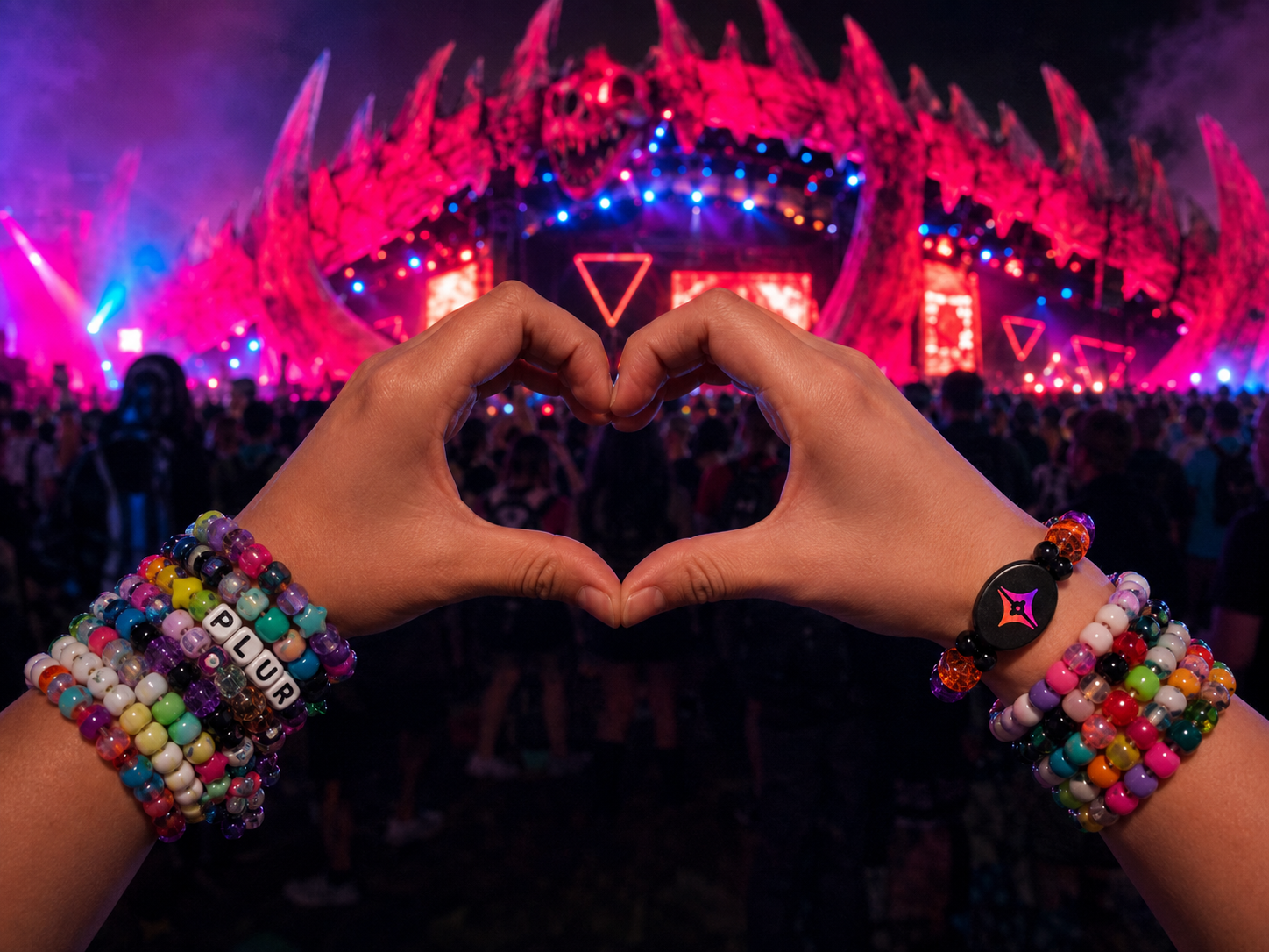 Festival-goers forming a heart with their hands while wearing kandi bracelets